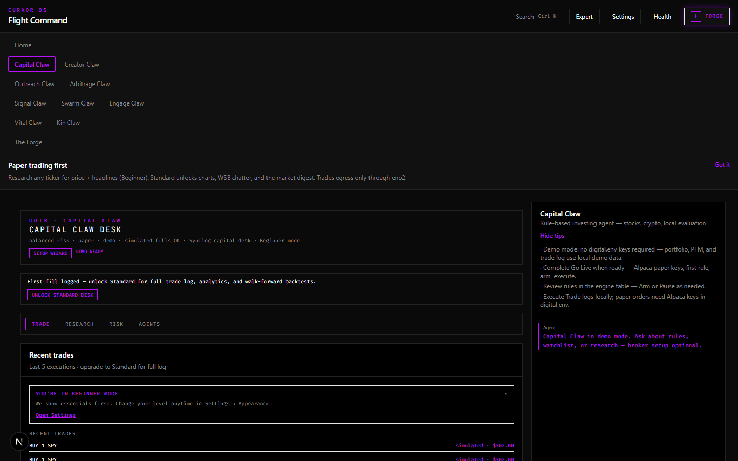 Capital Claw desk — Go Live, rule engine, and portfolio panels