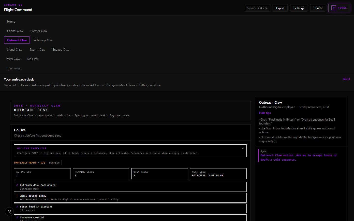 Outreach Claw desk — Go Live, pipeline, sequences