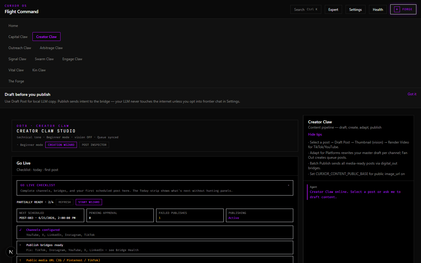 Creator Claw desk — Go Live checklist and content queue