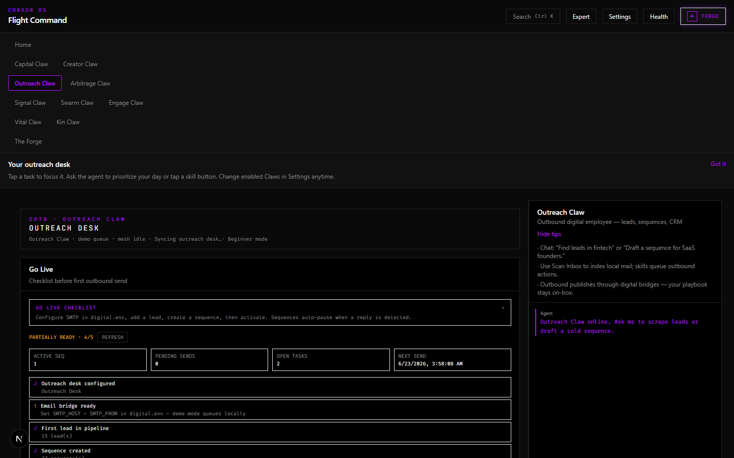 Outreach Claw Go Live panel with demo tour