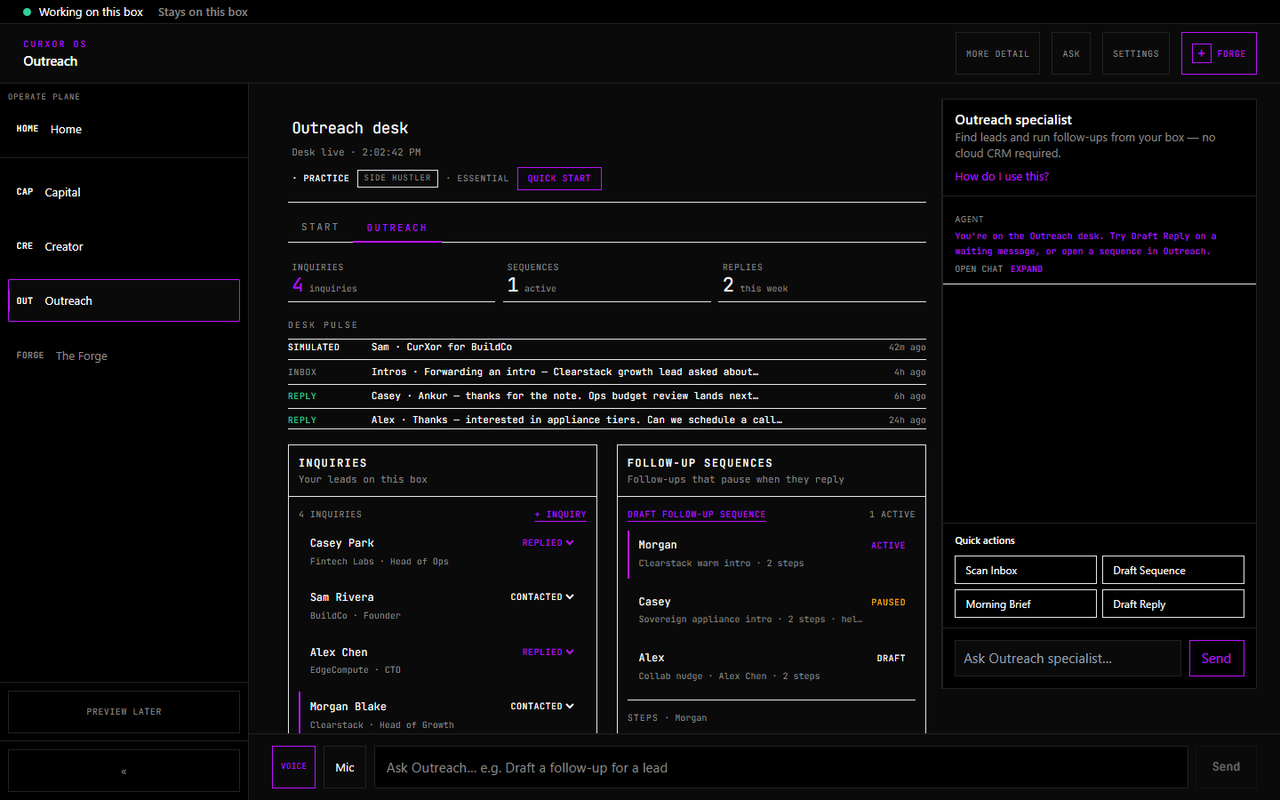 Outreach desk — Go Live, pipeline, sequences