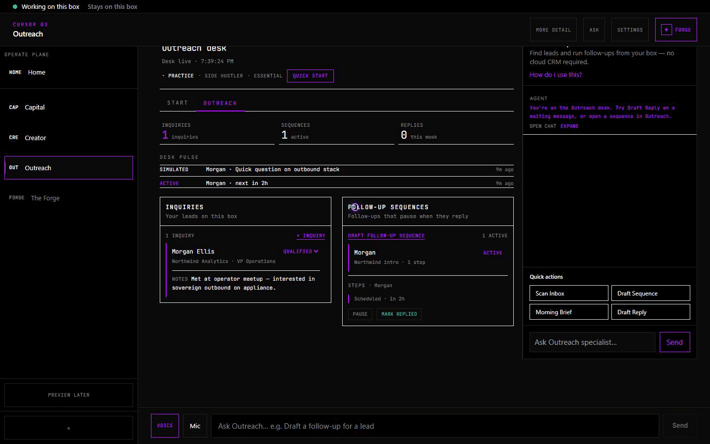 Outreach desk — pipeline and active sequences